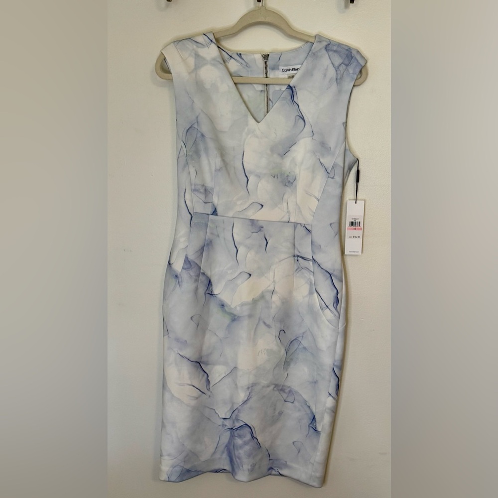 Calvin Klein Blue and White Marble-Print V-Neck Sheath Dress NWT